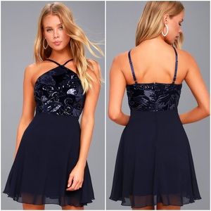 Lulu’s Time of Love Navy Blue Sequin Halter
Skater Dress